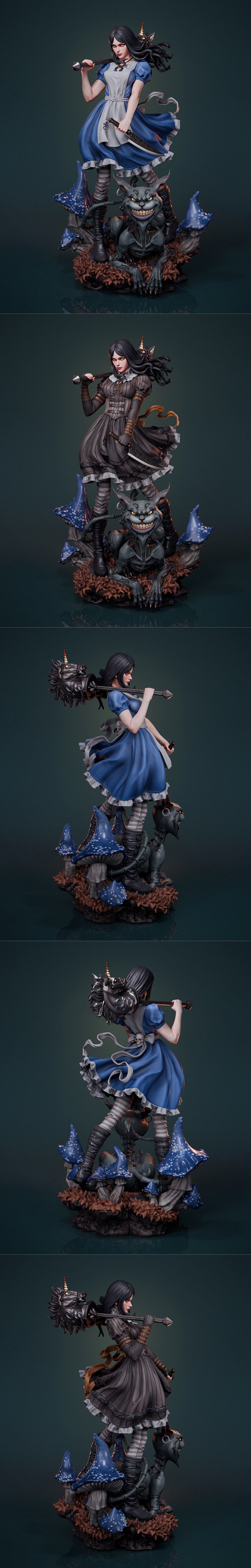 Alice Liddell figure with knife and hammer, beside a menacing Cheshire Cat, on a base with mushrooms and leaves. Abe3...