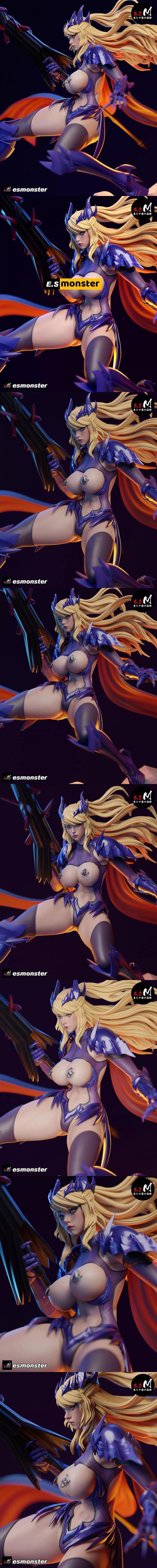 Artoria Pendragon Alter figure in dark armor and cape, holding a spiky sword, posed on a rocky base with a skull. Blo...