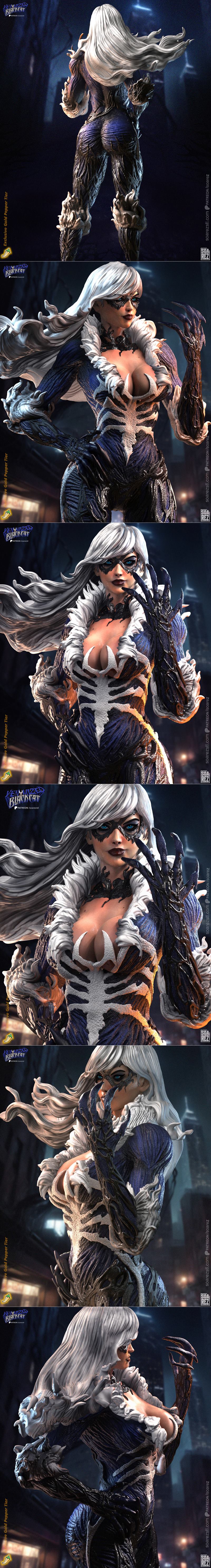 Venomized Black Cat 3D model figure by Soarez 3D, standing dynamically with white hair flowing, wearing a dark, textu...