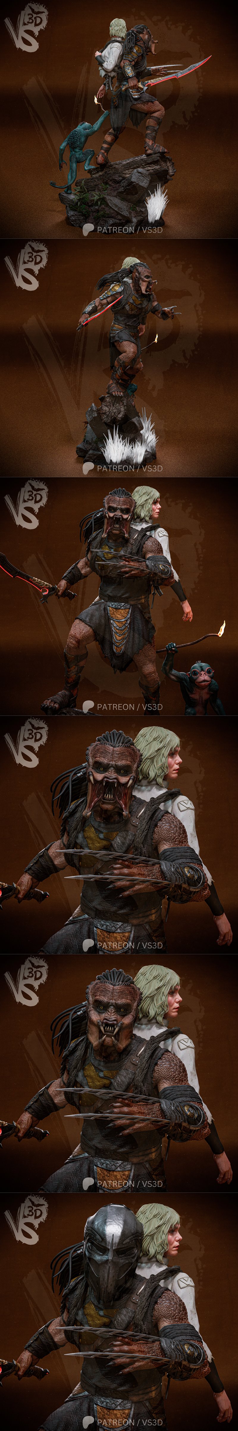 VS3D Yautja warrior from Predator Badlands holding an energy sword and wrist blades, with a human figure and a small...