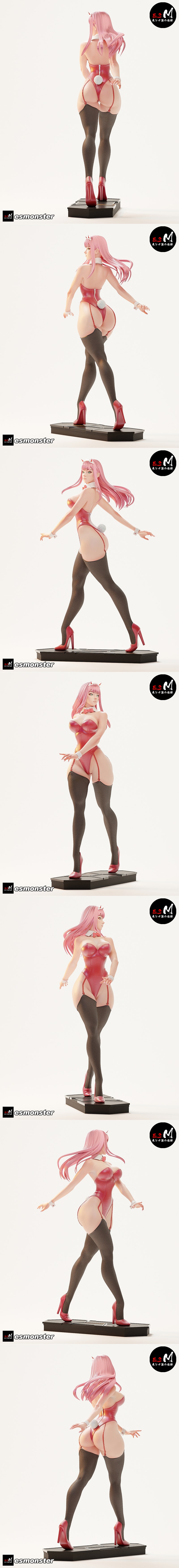 Zero Two from Darling in the Franxx in a red bunny suit, pink hair, bunny ears, fishnet stockings, and red heels, pos...