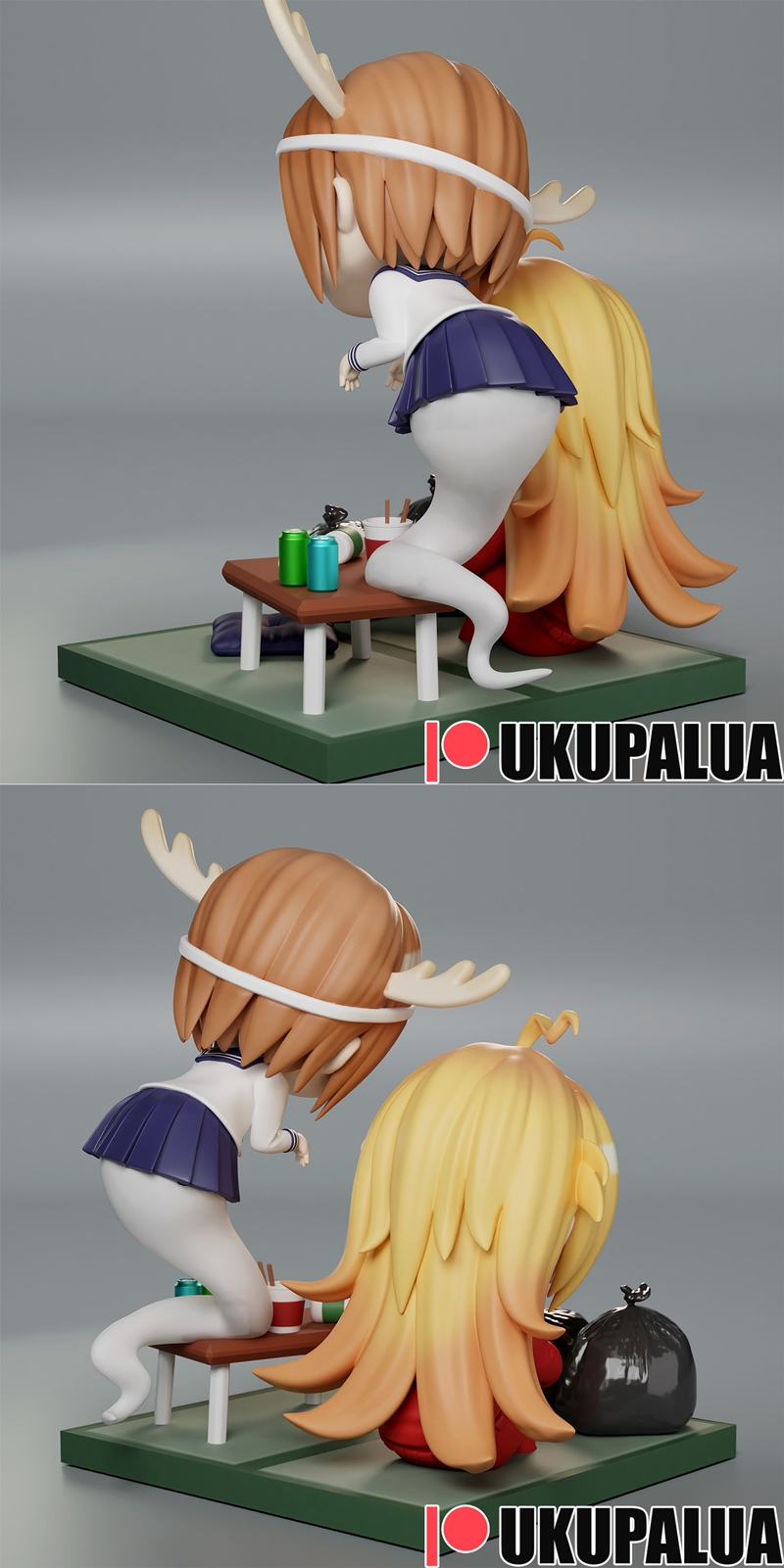 Chibi 3D model of two Shikanoko characters: one in a red tracksuit sitting by trash bags, the other in a school unifo...