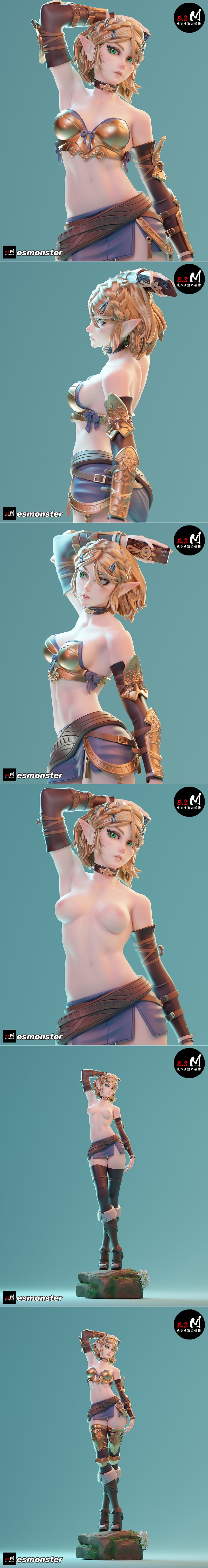 Zelda figure in golden fantasy armor, short blue skirt, and dark leggings, standing on a rock base. Blonde elf with g...