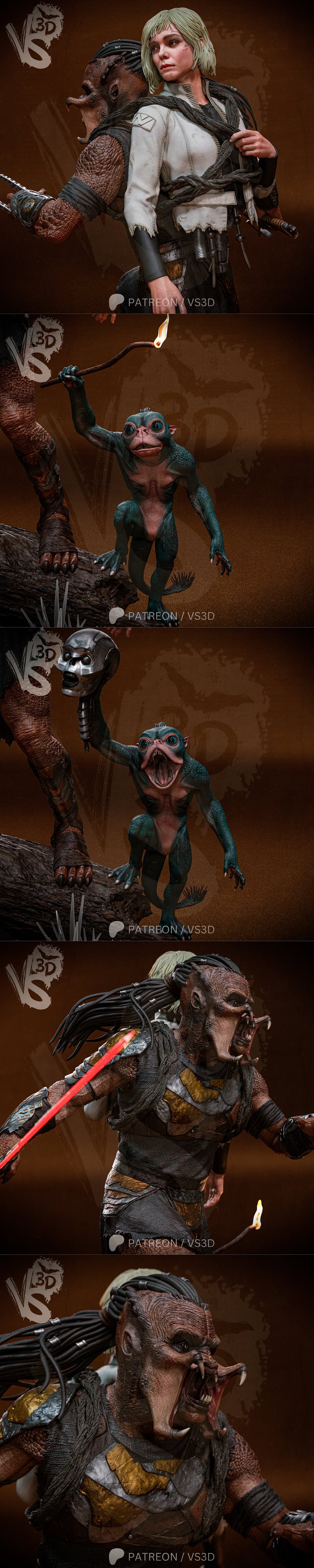 VS3D Yautja warrior from Predator Badlands holding an energy sword and wrist blades, with a human figure and a small...