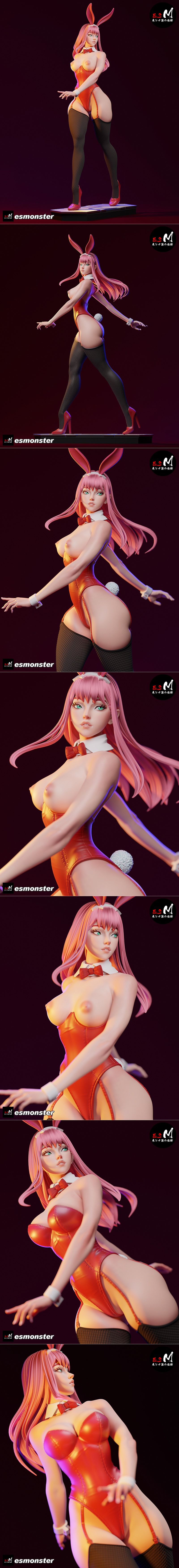 Zero Two from Darling in the Franxx in a red bunny suit, pink hair, bunny ears, fishnet stockings, and red heels, pos...