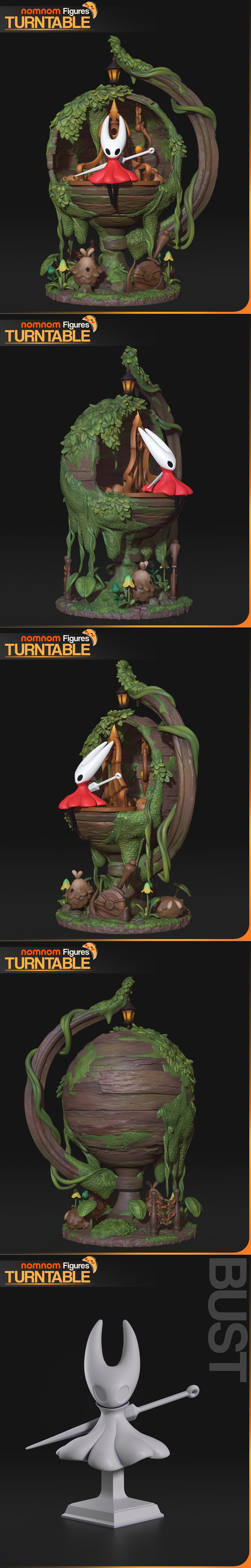 Hornet from Hollow Knight seated on a wooden platform within a mossy, vine-covered diorama, holding her needle weapon...