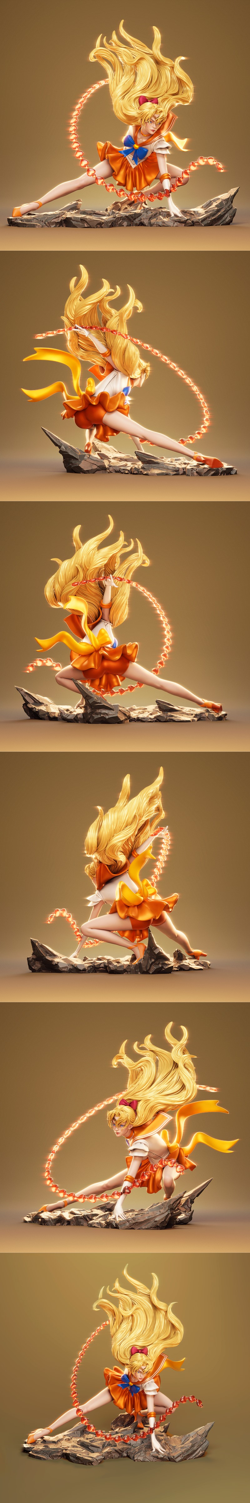 Minako Aino, Sailor Venus, in a dynamic action pose, crouched on rocks, wielding a chain of glowing hearts. Blonde ha...