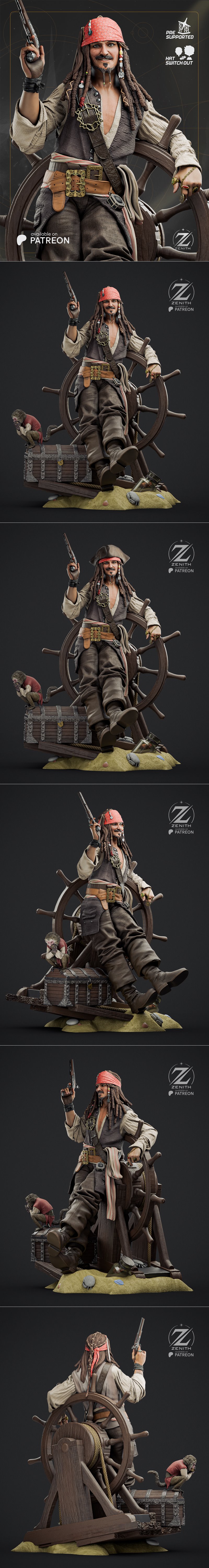 Jack Sparrow figure at ship's wheel, holding a pistol, with a burning ship in the background. Zenith Studios logo vis...