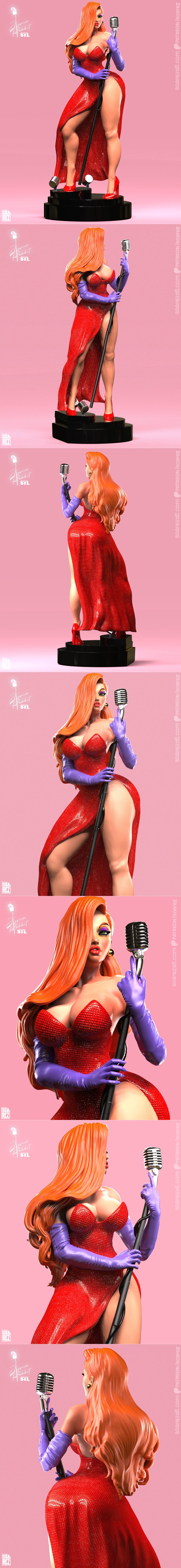 Jessica Rabbit figure with long red hair, wearing a red sequined dress and purple gloves, holding a vintage microphon...