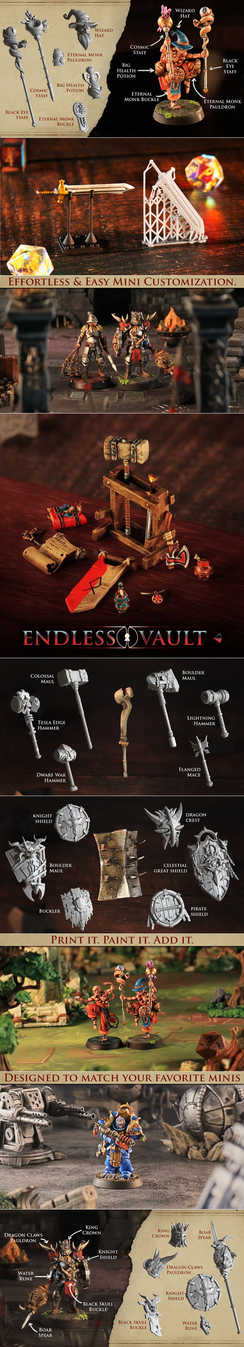 A collection of miniature fantasy weapons and armor pieces, including swords, axes, hammers, shields, and treasure ch...
