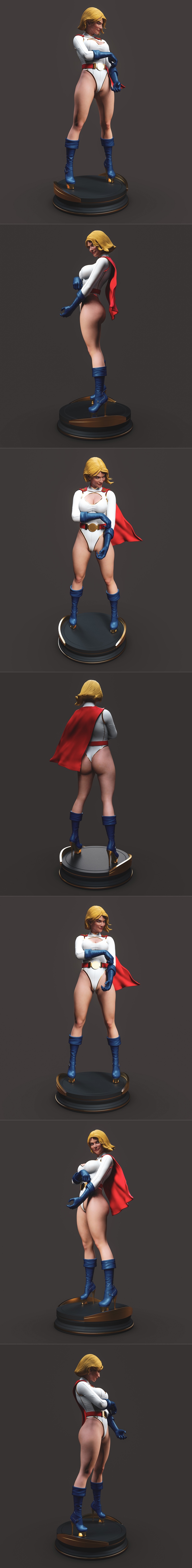 3D model of Powergirl by Abe3D, adjusting her white costume and blue gloves, wearing a red cape and blue boots, stand...