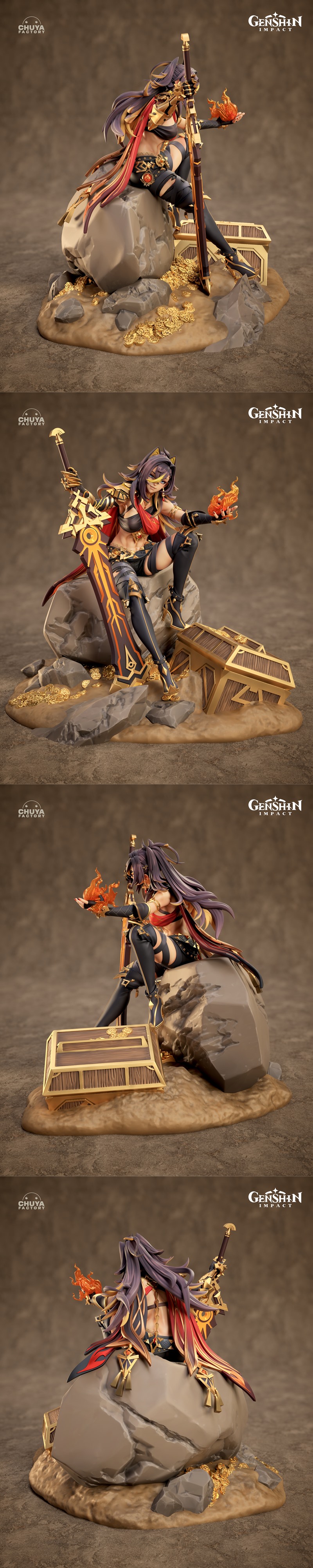 Dehya from Genshin Impact 3D model, seated on rocks, holding fire, with ornate sword and treasure chest.