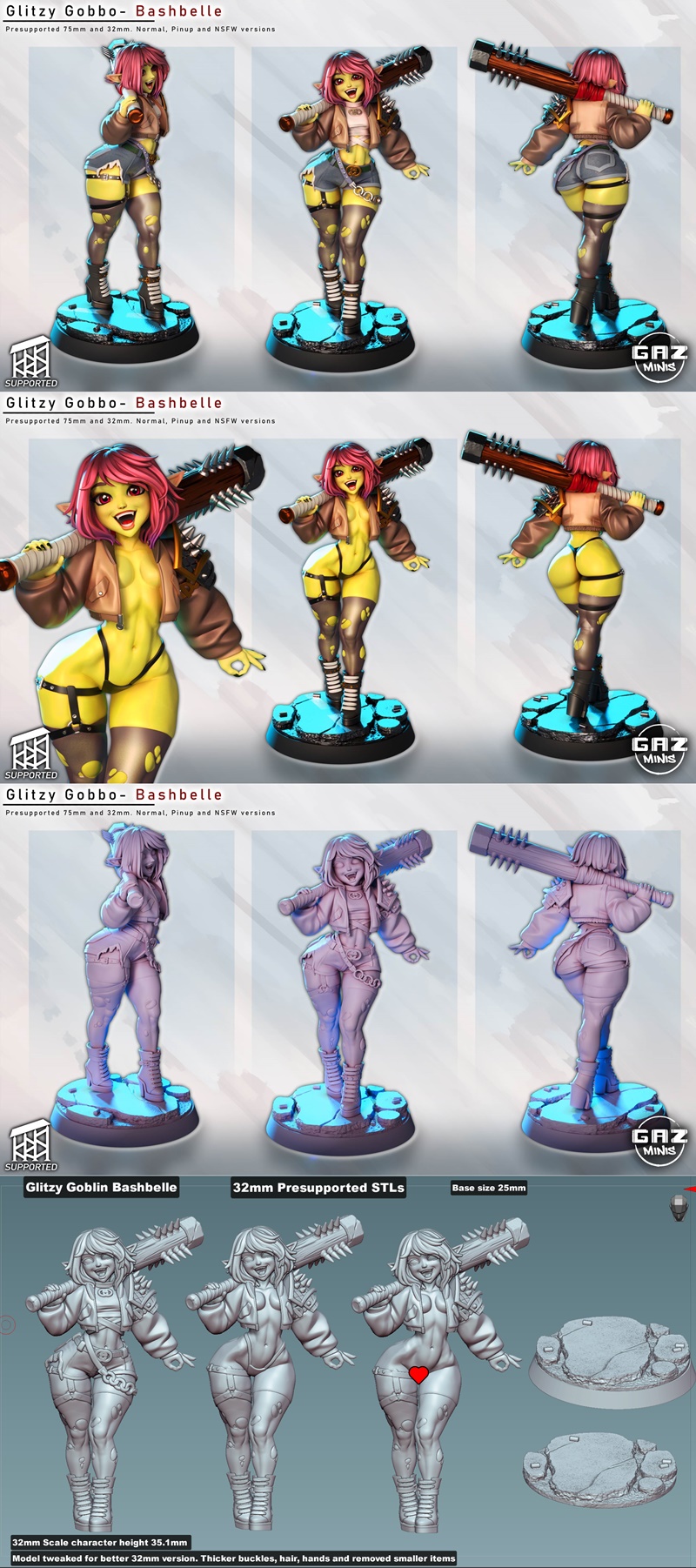 3D model figure of Bashbelle, a female goblin with pink hair and green skin, wearing a jacket, crop top, ripped short...