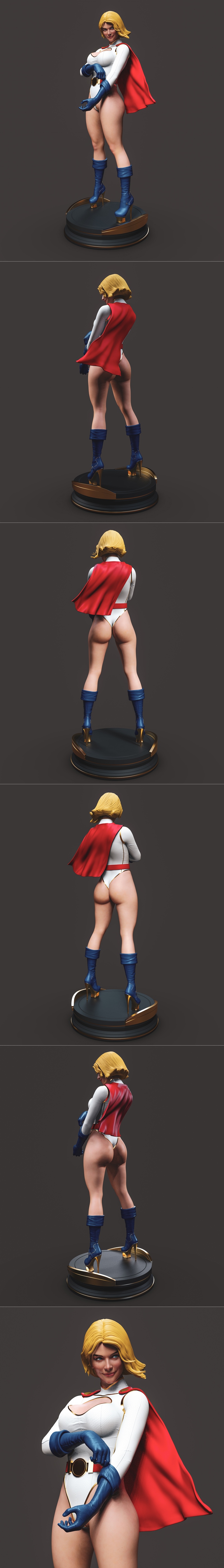 3D model of Powergirl by Abe3D, adjusting her white costume and blue gloves, wearing a red cape and blue boots, stand...
