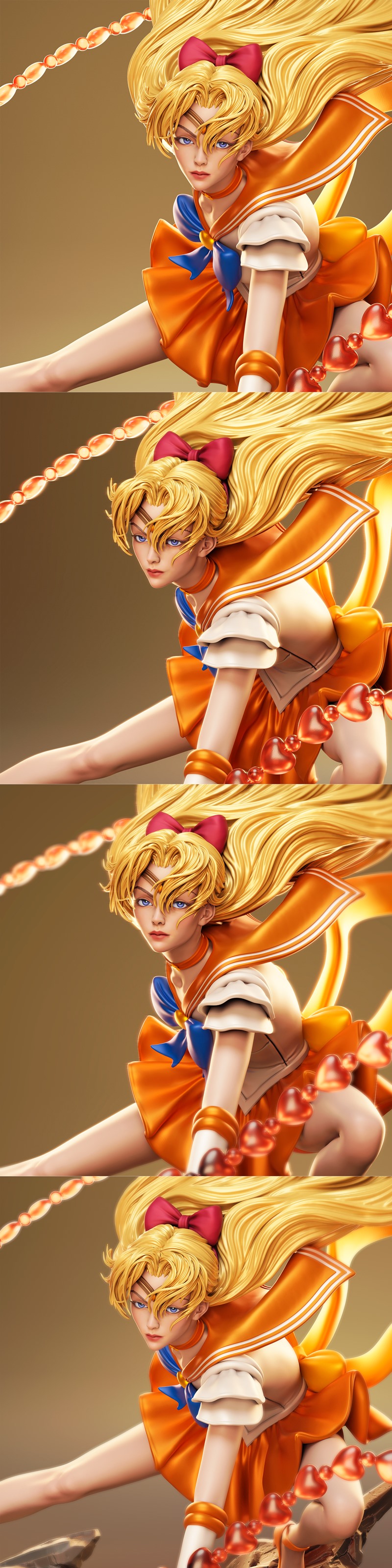 Minako Aino, Sailor Venus, in a dynamic action pose, crouched on rocks, wielding a chain of glowing hearts. Blonde ha...