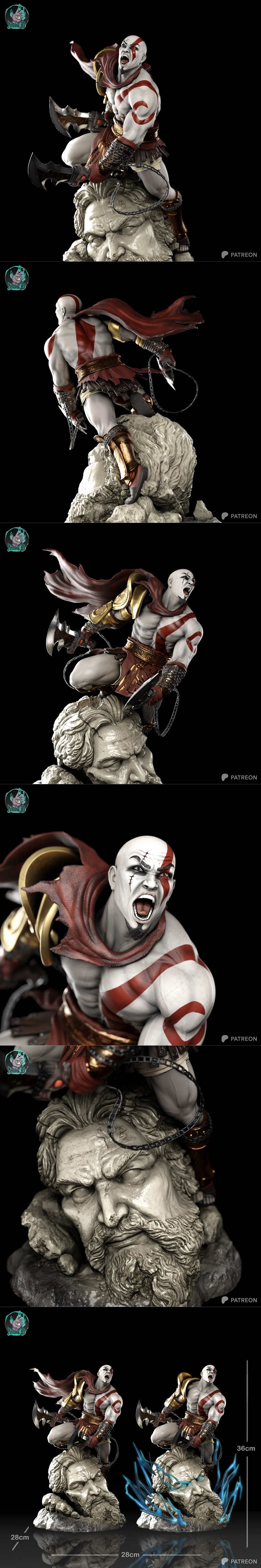 Kratos in a battle stance, roaring with his Blades of Chaos extended, wearing red and gold armor with a flowing cape,...