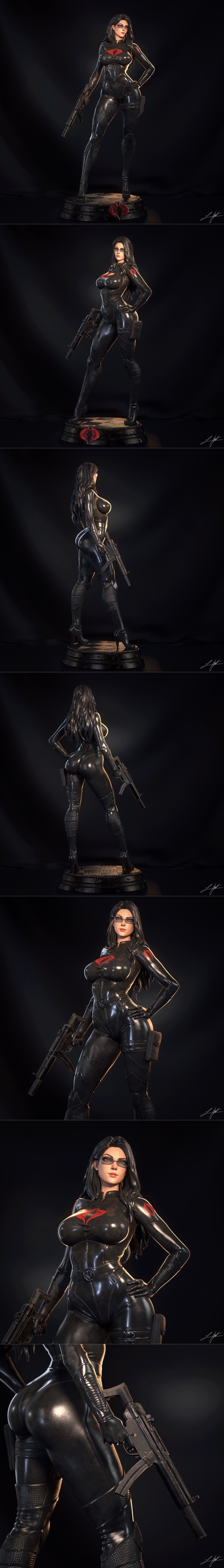 Baroness from G.I. Joe in a black tactical suit, holding a rifle, with Cobra insignia on chest and base. 3D model by...