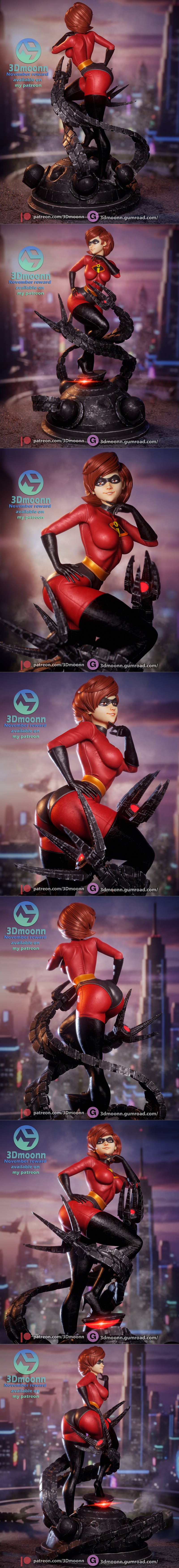 Elastigirl figure in red and black suit, striking a dynamic pose on a dark, mechanical base with glowing red accents....