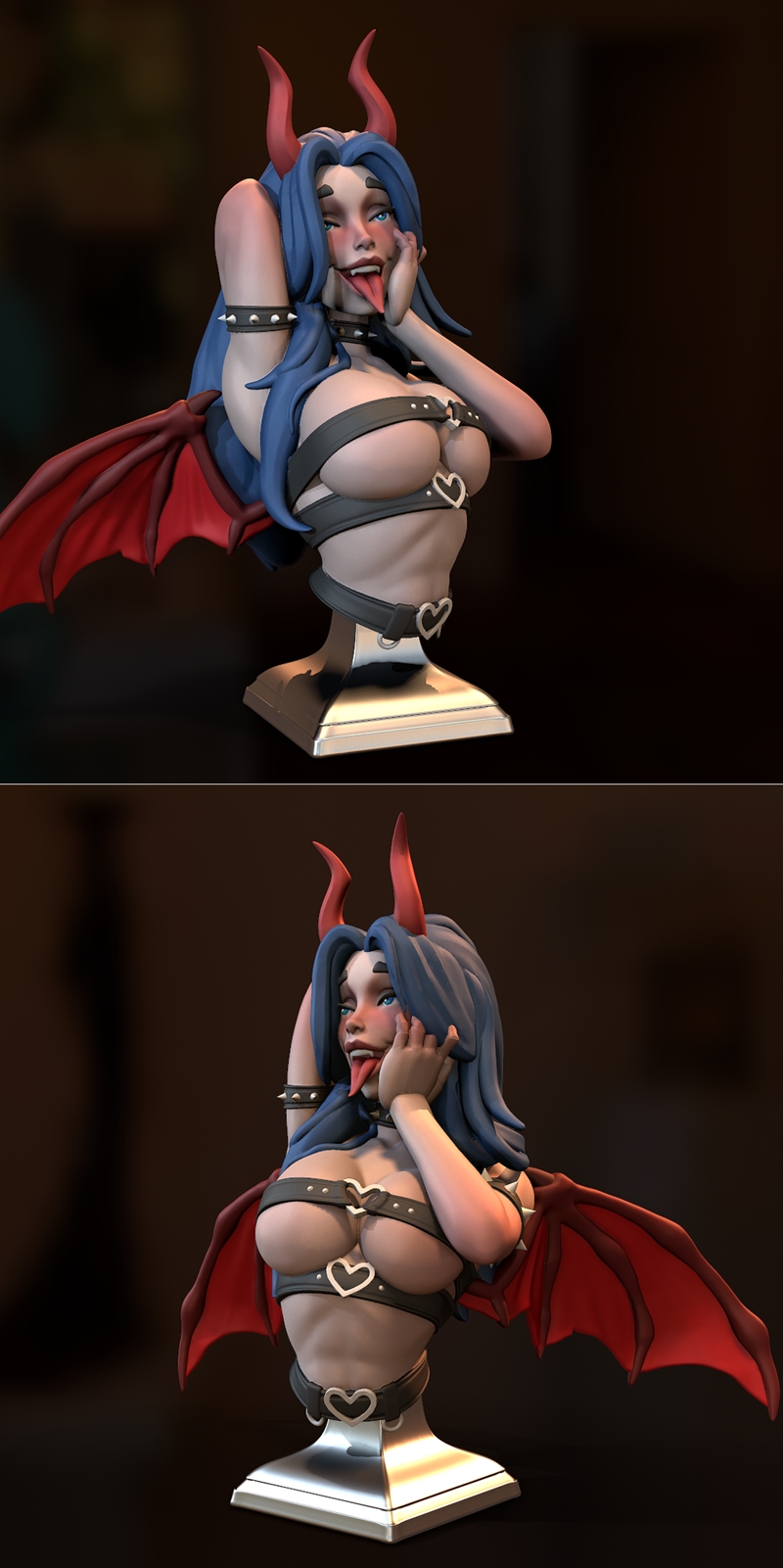 3D printable bust of a succubus with blue hair, red horns, and bat wings. She wears a revealing leather harness with...