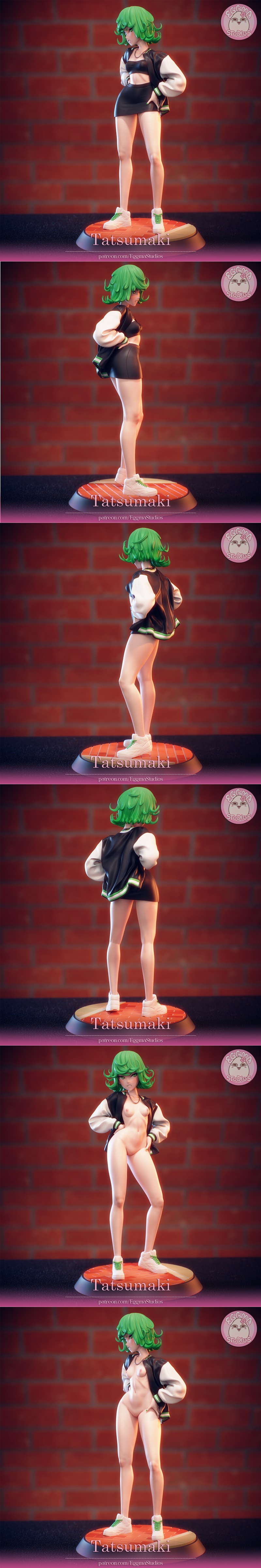 Tatsumaki figure in a black crop top, leather skirt, and bomber jacket, with green curly hair and white sneakers, sta...