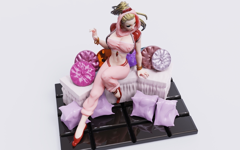 3D model figure of Jeannie from I Dream of Jeannie, sitting on cushions wearing a pink genie outfit, with a genie lam...