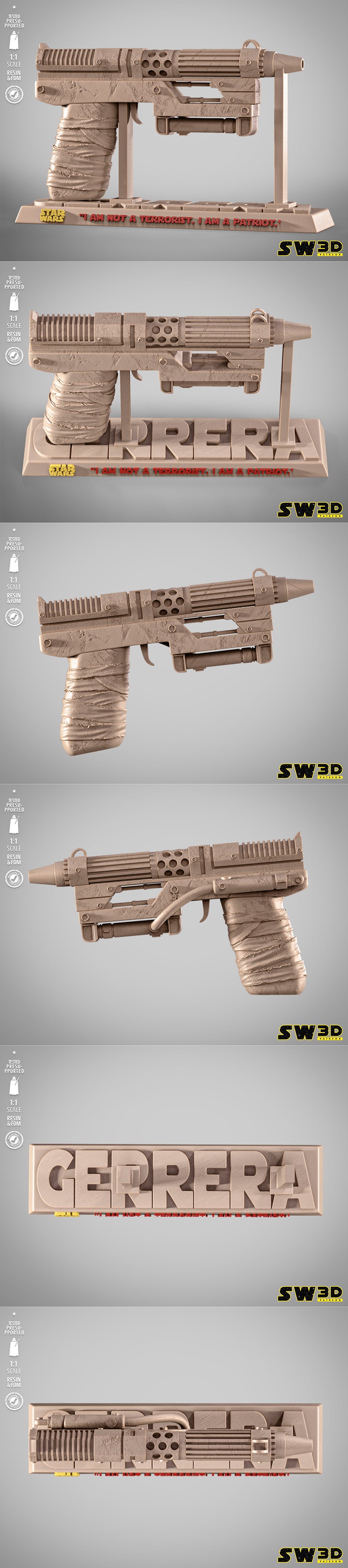 Star Wars Saw Gerrera blaster bust, metallic finish with brown wrapped grip, against a black background with yellow t...