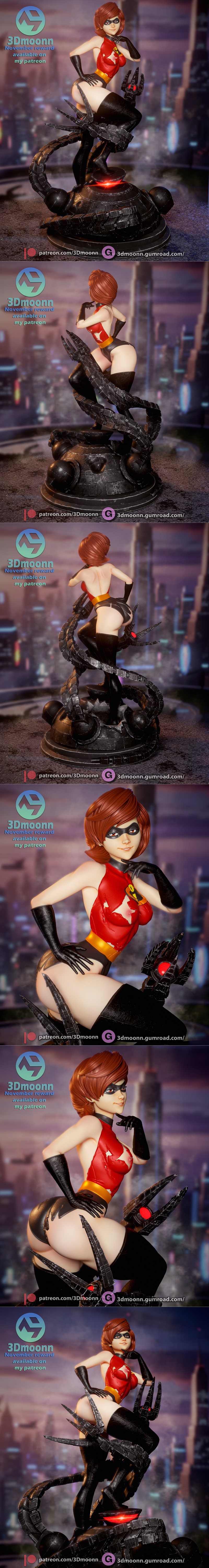 Elastigirl figure in red and black suit, striking a dynamic pose on a dark, mechanical base with glowing red accents....