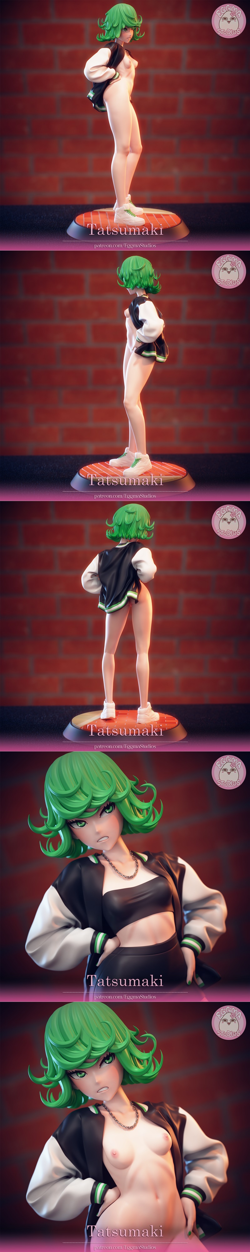 Tatsumaki figure in a black crop top, leather skirt, and bomber jacket, with green curly hair and white sneakers, sta...