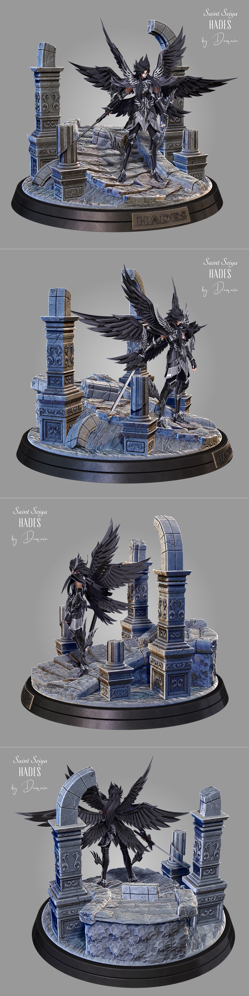 Hades figure with black wings and armor, holding a sword, standing on a stone ruin diorama base. Saint Seiya anime ch...