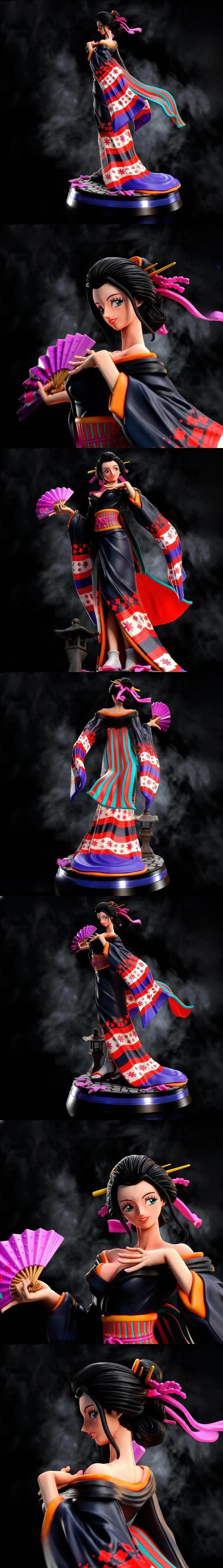 Nico Robin figure in a black and red floral kimono, holding a pink fan, standing on a base with a stone lantern. Anim...