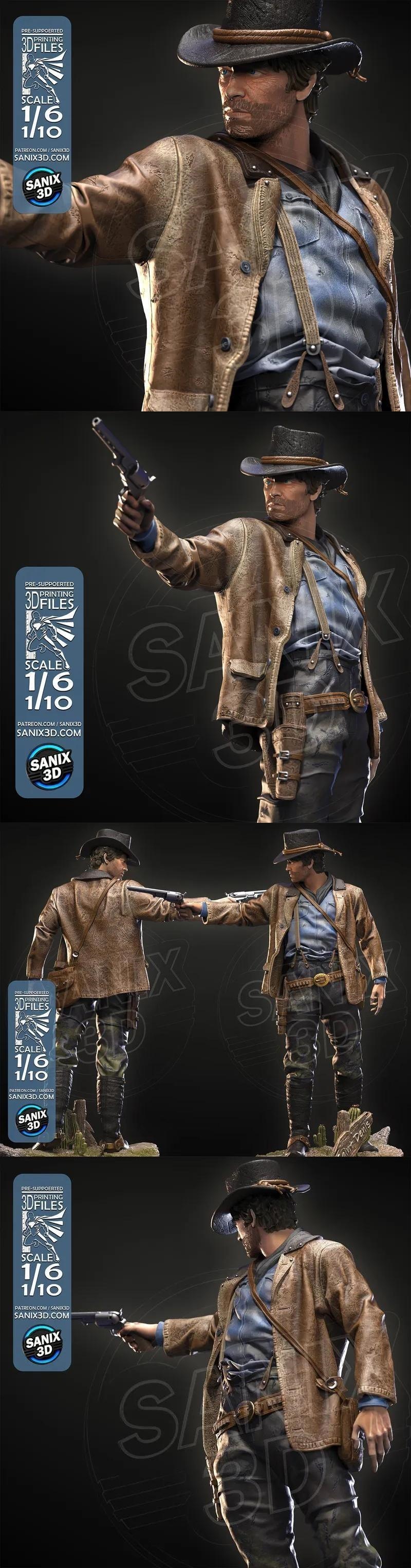 Arthur Morgan from Red Dead Redemption II, depicted as a 3D printable figure in a dynamic pose, holding a pistol. He...