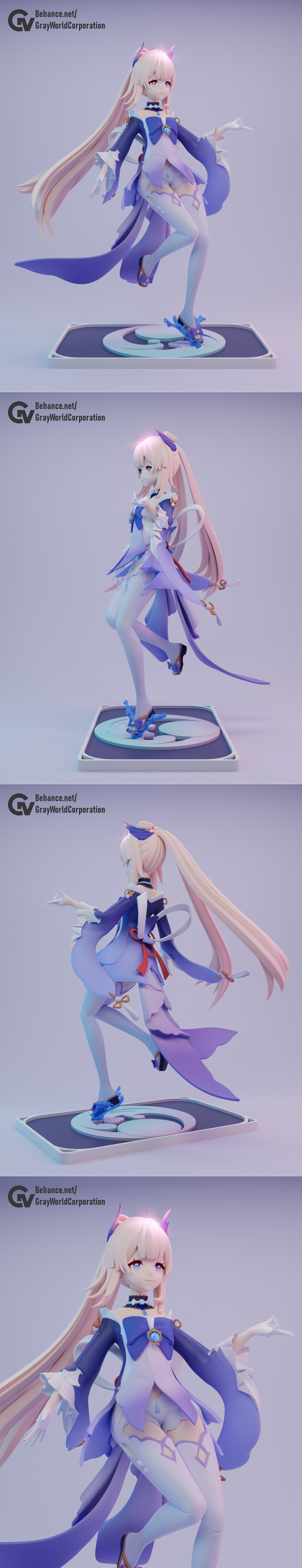3D model figure of Sangonomiya Kokomi from Genshin Impact, wearing a blue and white outfit with pink hair, posed dyna...