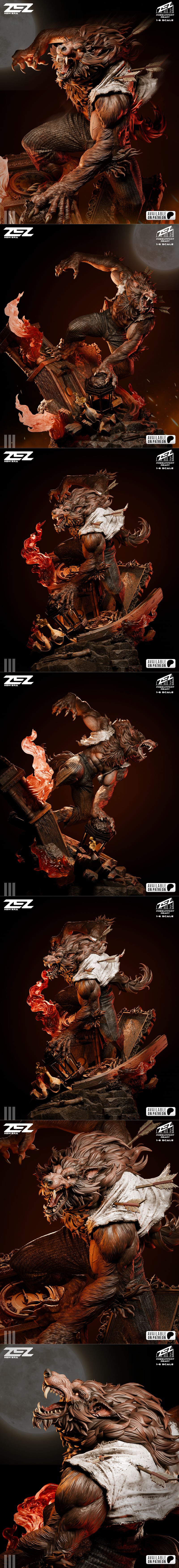 Ferocious werewolf statue in a lunging pose, bared teeth, sharp claws, tattered shirt with arrows in back, 1:6 scale,...