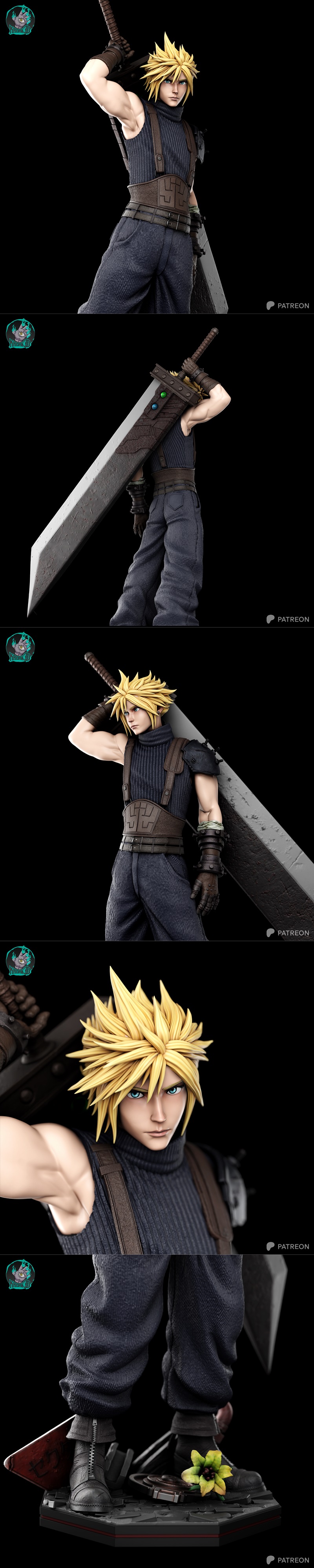 Cloud Strife figure with spiky blonde hair and blue eyes, holding a large Buster Sword over his shoulder. He wears a...