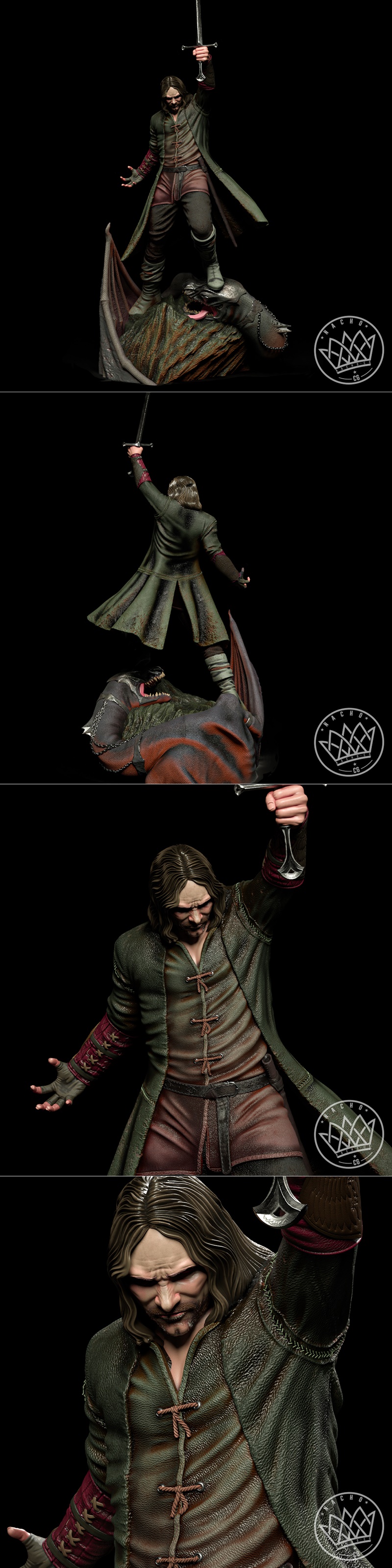 Nacho CG 3D model of Aragorn from The Lord of the Rings, standing on a dragon with a goblet raised, wearing a long co...