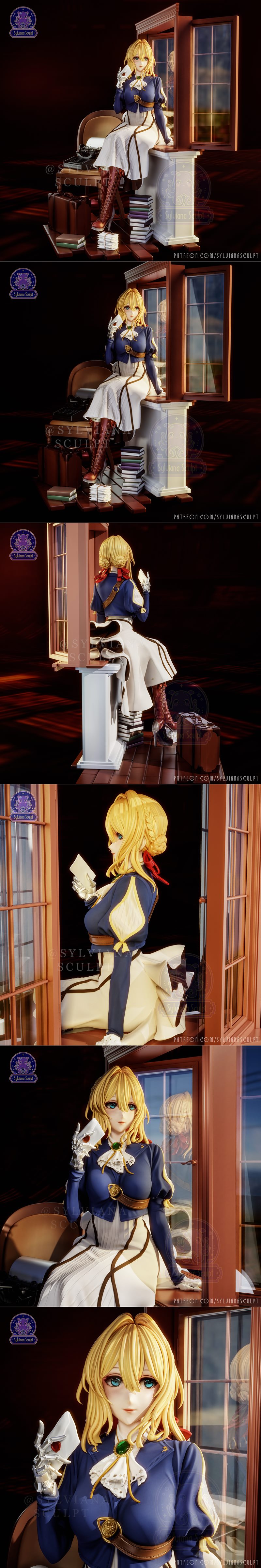 Violet Evergarden figure seated by an open window, holding a letter. She wears a blue jacket and white skirt, with ta...