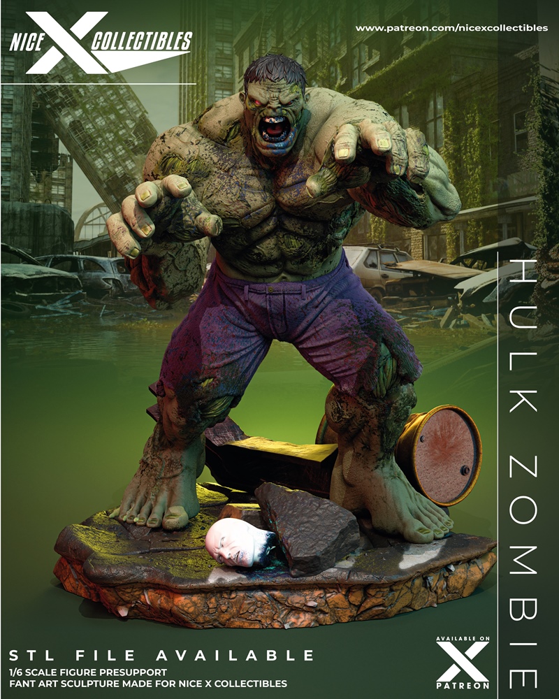 Zombie Hulk 3D model figure, reaching forward with a roar, tattered purple pants, on a rubble-strewn base with a seve...