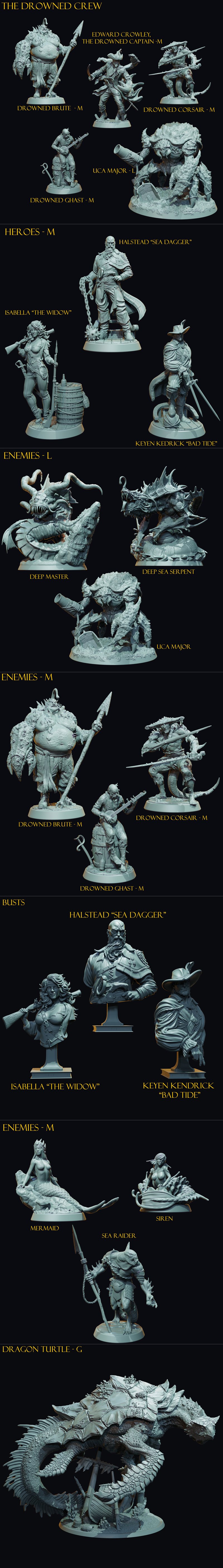 A collection of 3D printed miniatures including a dragon, undead pirates, and a ship's wheel with a skull emblem, pre...