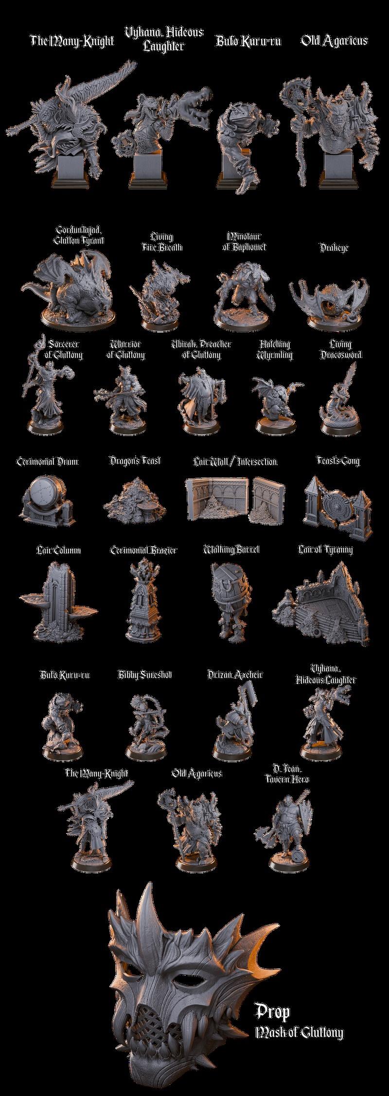 A collection of fantasy 3D printable miniatures, including a large red dragon, various monsters, and detailed diorama...