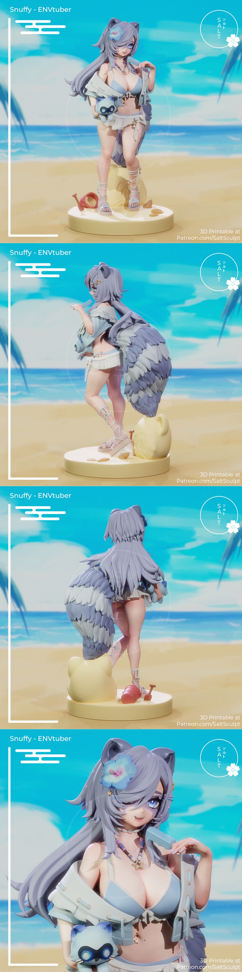 3D printable figure of Snuffy, an anime-styled ENVtuber character, wearing a bikini and sarong on a beach, holding a...