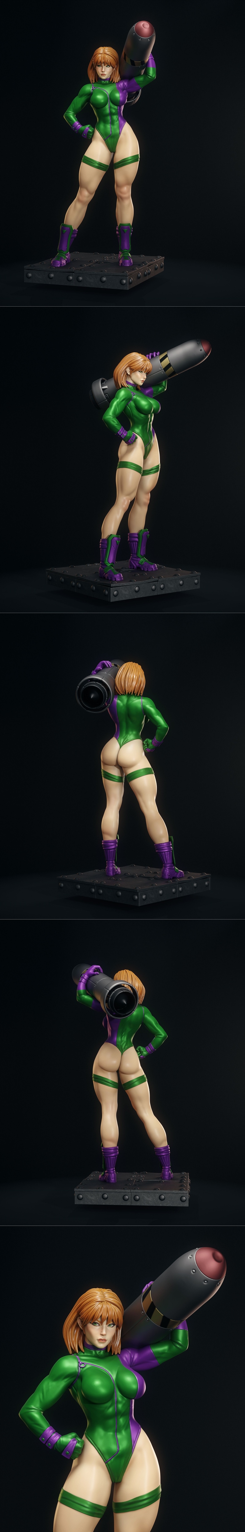 3D model of Caitlin Fairchild from Wildcats, holding a bomb, wearing a green and purple leotard and boots, with muscu...