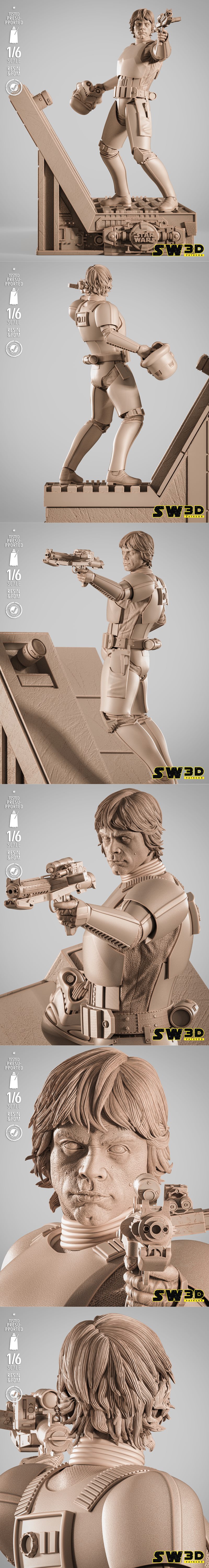 Luke Skywalker in Stormtrooper armor firing a blaster, holding a helmet, standing on a diorama base with Star Wars lo...