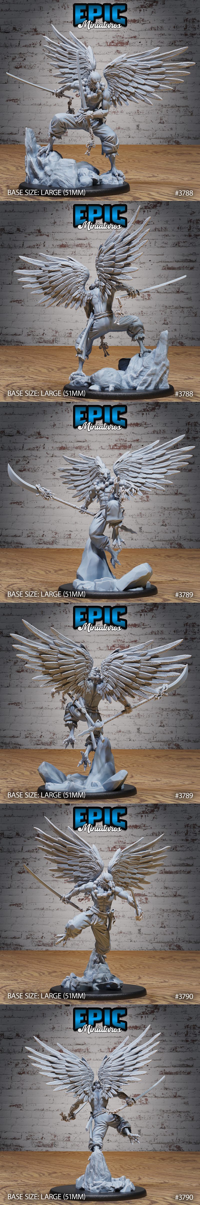 Three 3D printed figures of Tengu Bird Folk Lords by Epic Miniatures. Two figures wield swords in dynamic combat stan...