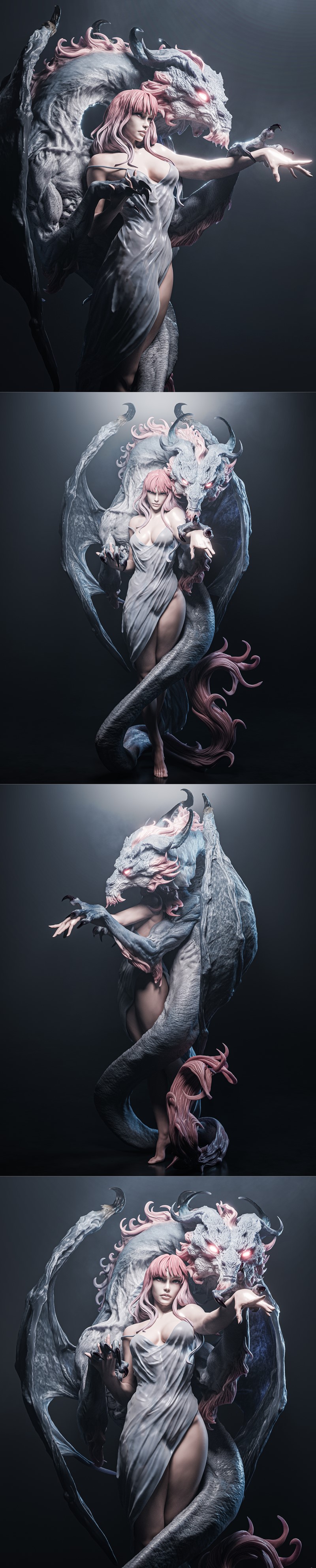A fantasy figure of a woman with pink hair and a revealing dress, posed with a large dragon with glowing red eyes and...