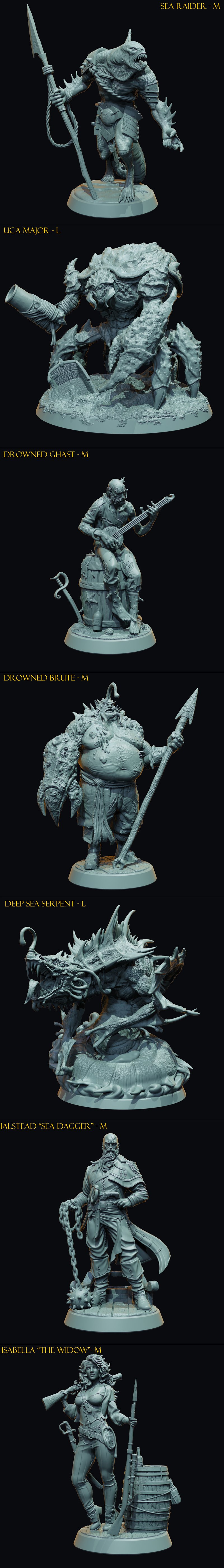 A collection of 3D printed miniatures including a dragon, undead pirates, and a ship's wheel with a skull emblem, pre...