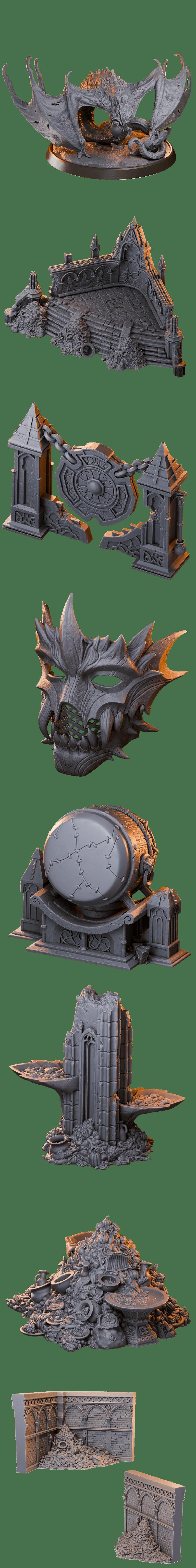 A collection of fantasy 3D printable miniatures, including a large red dragon, various monsters, and detailed diorama...