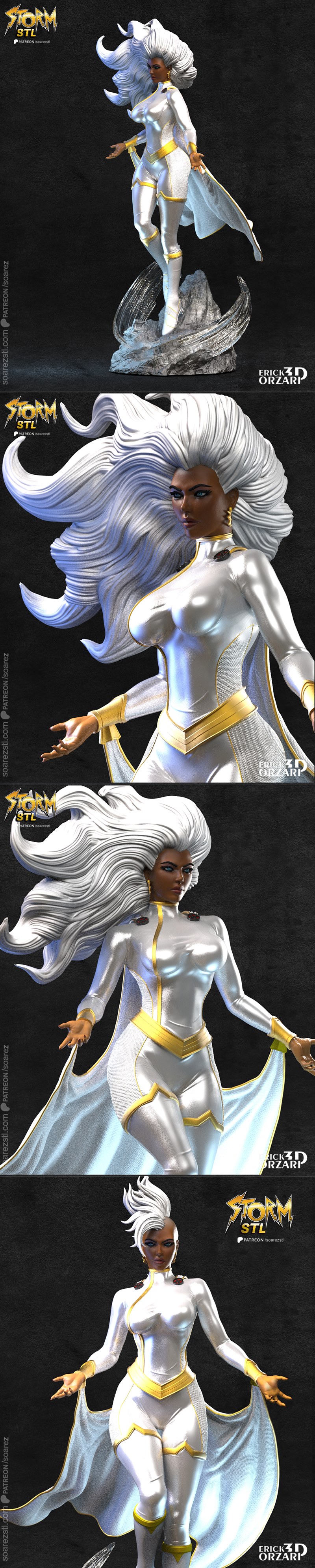 Storm, X-Men character, in a white and gold costume with flowing white hair, arms outstretched, cape billowing. 3D mo...