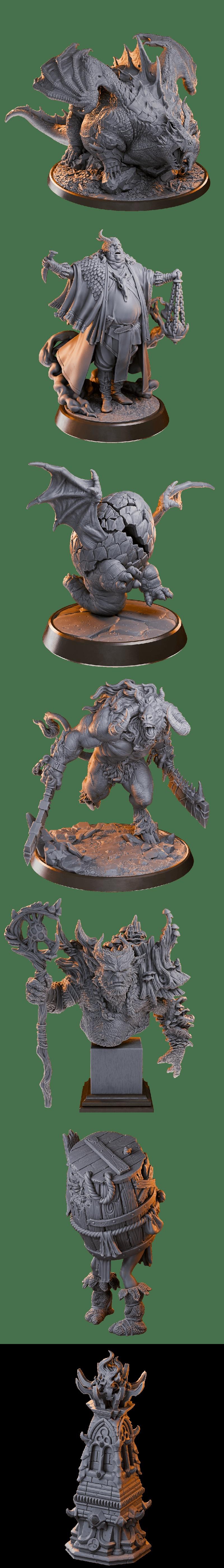 A collection of fantasy 3D printable miniatures, including a large red dragon, various monsters, and detailed diorama...