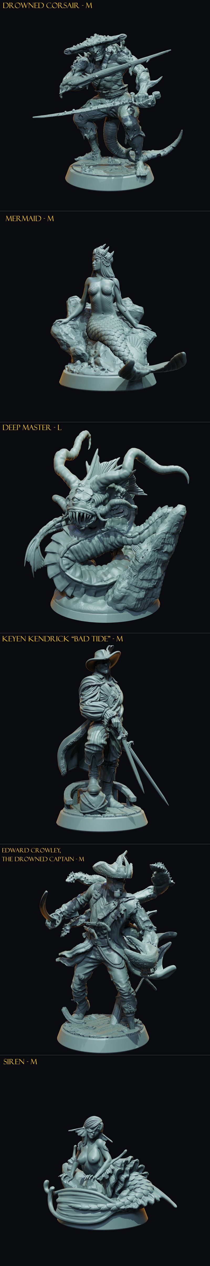A collection of 3D printed miniatures including a dragon, undead pirates, and a ship's wheel with a skull emblem, pre...