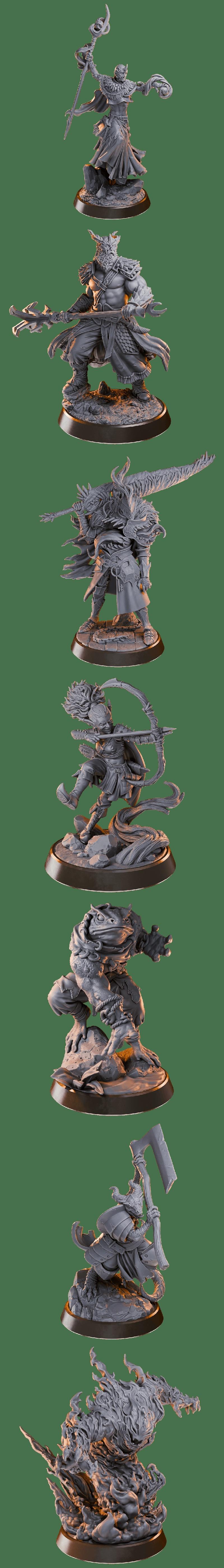 A collection of fantasy 3D printable miniatures, including a large red dragon, various monsters, and detailed diorama...
